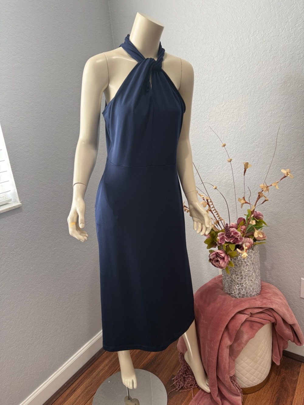 Halter Neck Navy Midi Dress